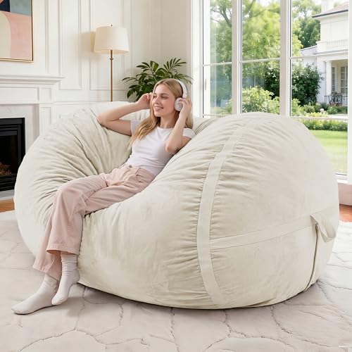 Image of 4FT Bean Bag Chair 4'Big Bean Bag Chairs with Adults, Large Beanbag Chair | Bean bag Lounger with Machine Washable Cover Dutch Velvet Fabric, Comfy Chairs for Living Room Bedroom Dorm, Beige