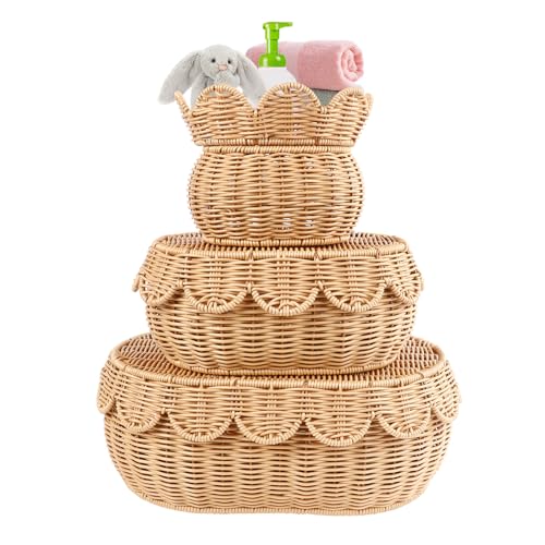 Image of 3 Pcs Scalloped Basket With Lid, Hand Woven Wicker Basket Set, 16 x 12 x 6 In Decorative Scalloped Edge Basket for Storage Food, Clothes, Toys, Picnic Table Bathroom Decor (S+M+L)