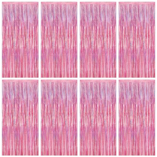 8 Pack Pink Backdrop, 3.28 FT x 7.05 FT Fringe Curtains, Metallic Glitter Pink Fringe Party Streamer Foil Curtains Tinsel Backdrop, Pink Decorations Bachelorette Party Supplies Birthday Decor