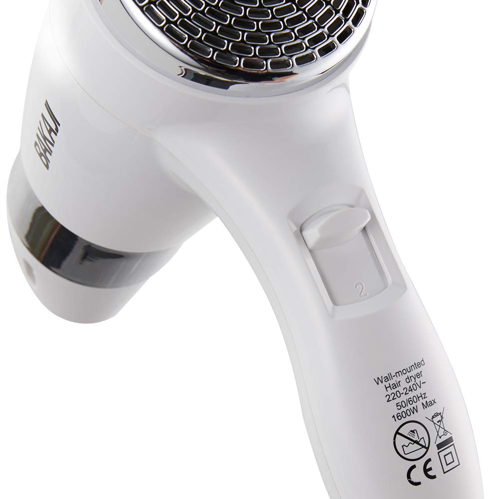 Bakaji Asciugacapelli da Parete Muro Phon Asciuga Capelli Bagno Potenza 1600W 2 velocità selezionabili Colore Bianco e Silver per Casa Hotel con beccuccio