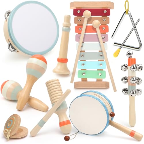 10 In 1 Kinder Musikinstrumente, Kinderspielzeug ab 3 Jahre, Montessori Spielzeug, Holzspielzeug Baby Schlagzeug Kinder Trommel, Percussion-Instrumente Set, Geschenkideen für Jungen Mädchen 3+