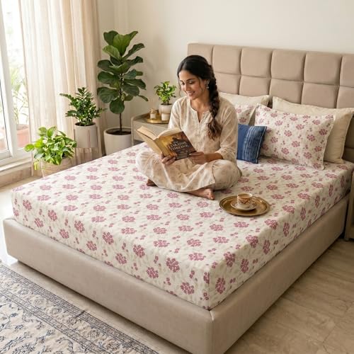 Image of Mafatlal 186 TC Grace Double Bed Sheet Pure Cotton | 90 x 100 Inches | 186 TC | Soft, Breathable & Smooth Fabric | Elegant Weave with 2 Pillow Covers | Diva Pink