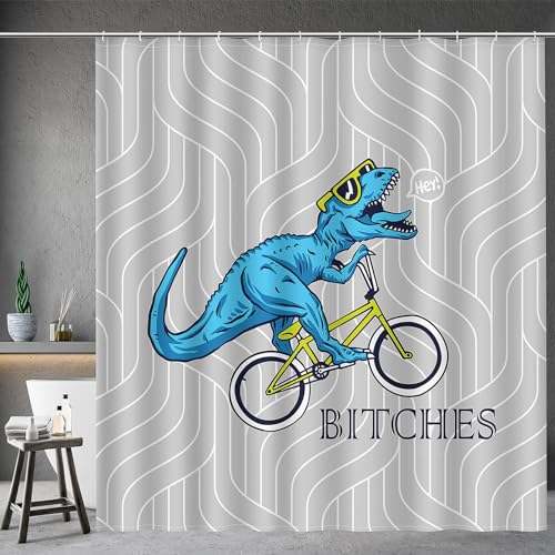 Image of Aimego Extra Long Shower Curtain - Funny Cute Blue Dinosaur Ride A Bike Fun Dino Fabric Cloth Bath Shower Curtain Set with 12 Hooks for Bathroom Decor Accessories Bathtub Curtain, 72 inchx84 inch