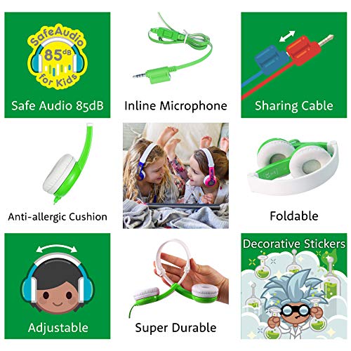 ONANOFF BuddyPhones Connect, Volume-Limiting Kids Headphones, Foldable and Durable, Built-in Audio Sharing Cable with in-Line Mic, Best for Kindle, iPad, iPhone and Android Devices, Green