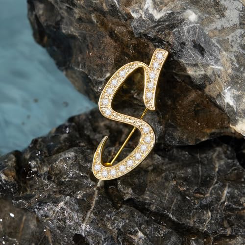 Image of Cicy Bell A-Z Initial 26 Letter Brooch Pins 18k Gold Plated Cubic Zirconia Breastpin Name Personalized Gifts for Women Men