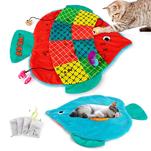 Image of AWOOF Cat Mat, Cute Soft Catnip Mat, Cat Activity Mat Machine Washable Cat Play Mat for Small Medium Large Cats with 8 Pockets, Crinkle Paper Self-Warming Kitty Snuggle Mat Interactive Catnip Toys