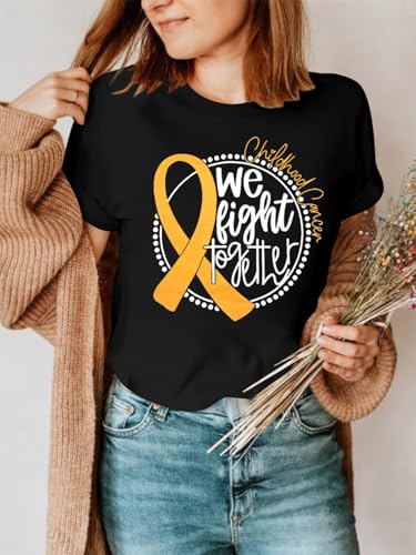 Childhood Cancer Awareness Shirt Women We Fight Together Shirt Gold Ribbon Pediatric Cancer Short Sleeve Tops3