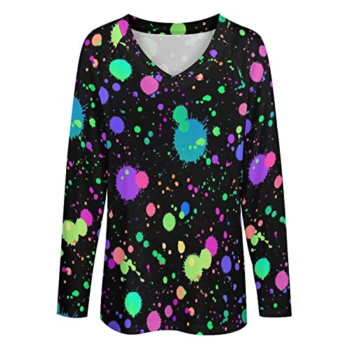 Glow in Dark Splatter Neon Long Sleeve Shirts for Women Fashion V Neck T-Shirt Women's Fall Tops4