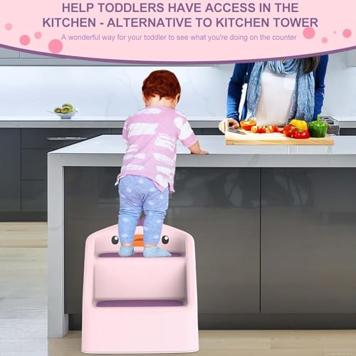 يو-هومي مقعد قابل للطي للاطفال الصغار في المطبخ والحمام والحوض، مقعد تدريب على استخدام المرحاض على النونية، ارتفاع مزدوج 11 انش، مقعد بلاستيكي مساعد للمطبخ مع مقابض، مقعد قدم للحضانة (بينك)