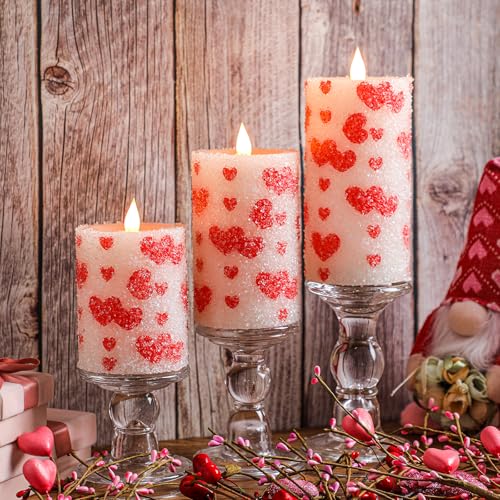 Image of Baquler 3 Pcs Christmas Flameless Candles Pastel Candy Cane LED Pillar Candle Peppermint Glitter Red and White Battery Operated Candlestick for Xmas Party Holiday Table Home Decoration(Heart)