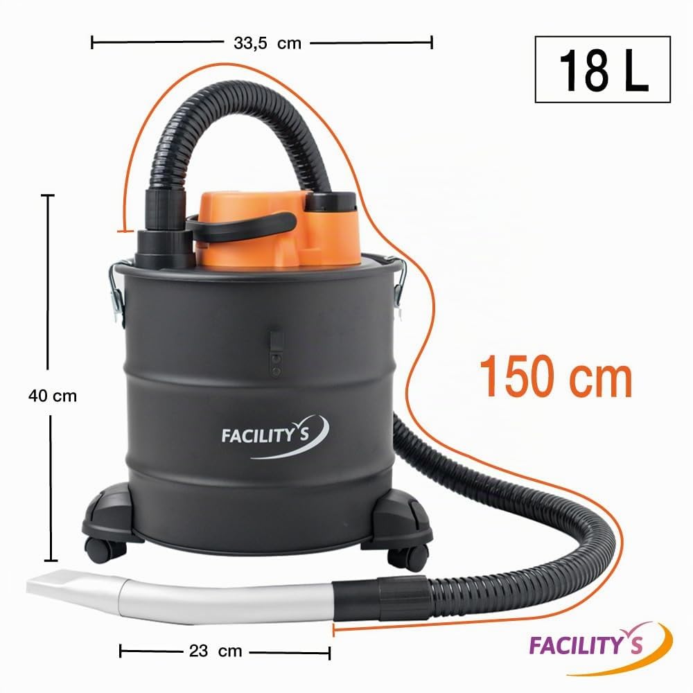 FACILITYS Aspiradora de Cenizas Calientes 1200W 18L de Metal - Aspiradora para Estufa de pellets y Chimenea, hasta 60°C con Función Soplado, Filtro HEPA Lavable