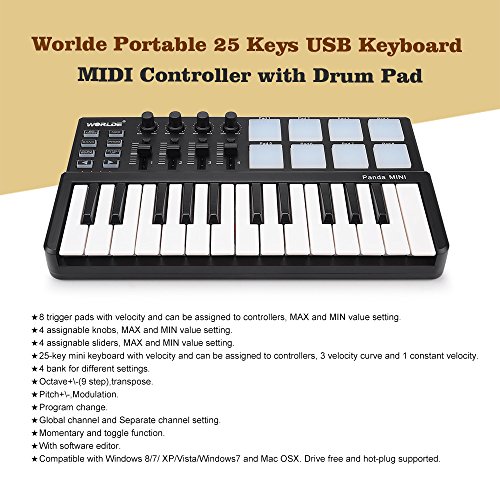 Worlde Panda MINI ポータブル 25キー USB MIDIキーボード MIDIコントローラー ドラムパッド付き の商品画像 1
