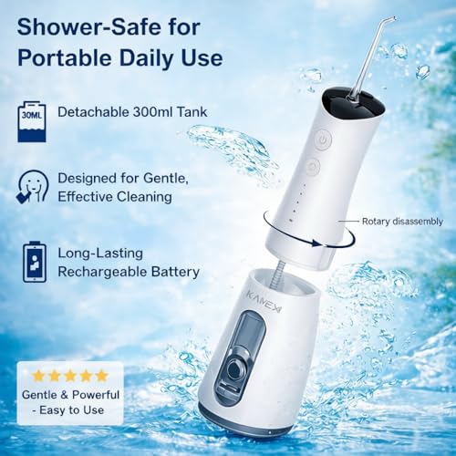 Image of KAMEX Cordless Water Flosser for Teeth Cleaning: Portable Oral Irrigator with 300ML Tank, 5 Jet Tips, 4 Modes, 40-120 PSI, IPX7 Waterproof, Rechargeable Dental Water Pick for Braces & Sensitive Gums