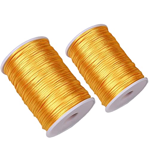 2.5 mm x 218 yardas (paquete de 2) cordón de nailon satinado dorado con ribete de cola de rata, cordón de cola de rata para collar, pulsera y cordones de zapatos (dorado)
