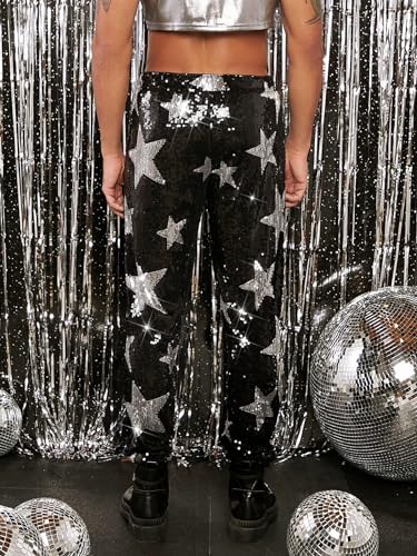 WDIRARA Men's Stars Graphic Printed Sparkle Sequins Elastic High Waisted Party Pants2