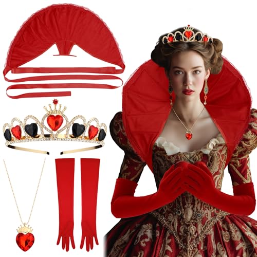 Tondiamo 4 Pcs Halloween Queen Costume Set Women Victorian Stand up Collar, Red Hearts Crown, Necklace and Red Gloves Cosplay Accessories for Women