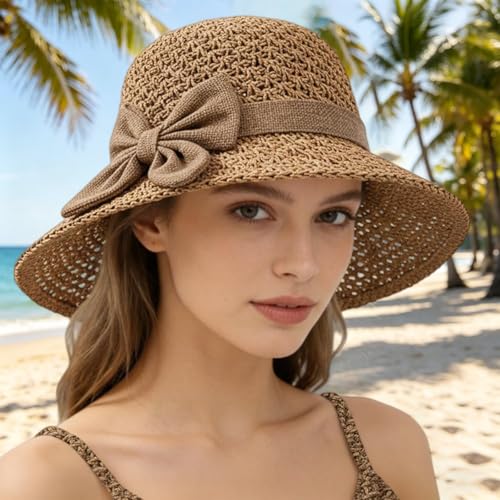 Sombrero de paja tejido para mujer con lazo y ala ancha miniatura 4
