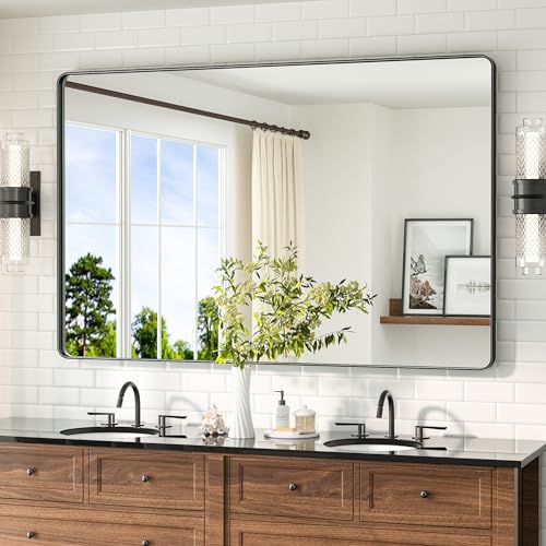 Image of TETOTE 55 x 36 Black Bathroom Mirror Large Black Mirrors for Wall Decor, Metal Frame, Tempered Glass, Modern Farmhouse Wall Mounted Mirror for Decorative(Horizontal /Vertical)