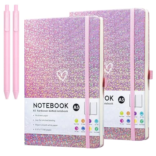 Carnet A5 à paillettes lot de 2 avec couverture rigide en cuir rose et stylos inclus