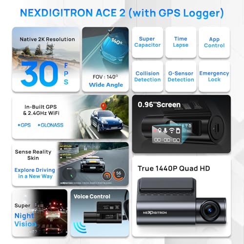 Image of NEXDIGITRON ACE 2 Car Dash Camera with in-Built GPS Logger, Native 2K 1440P, Intuitive Screen, Voice Control, Super-Capacitor, Made in India, Optional Parking Mode, Upto 256GB Supported
