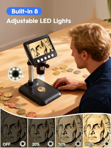 Image of Coin Microscope, 4.3 inch LCD USB Digital 1000X 1080P Coin Magnifier | 8 Adjustable LED Lights, PC View Compatible with Windows /MacBook for Adults Kids