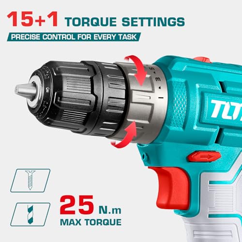 Image of TOTAL 12V Cordless Drill Machine, 25Nm, 2 x 1.5Ah Batteries, 10mm Chuck | 15+1 Torque Settings, 2-Speed Control Up to 1500RPM, Reverse Function, LED Work Light and Carrying Case Included