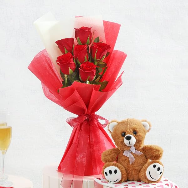 IFG's Beautiful Bouquetof 6 Red Roses Tissue Wrapped & 10 inch Teddy | Send it on Valentine's Day, Mother's Day, Birthday, Congratulations & as a Valentine Gift for Him/Her | Delivery in 4 hrs.-image-40
