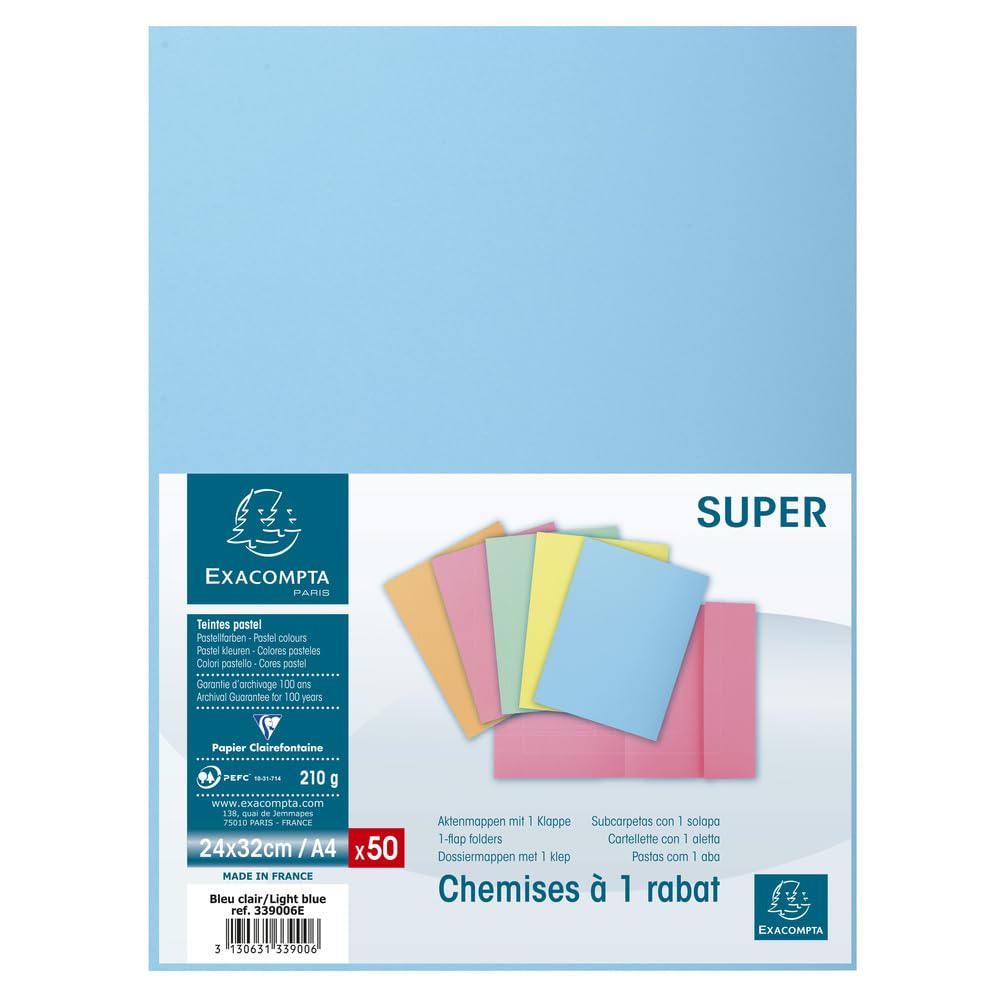 Exacompta - Art.-Nr. 339006E – Karton mit 5 Packungen mit je 50 Schnellhefter mit 1 Klappe SUPER 210 g/m² – Pastellfarben – PEFC™-zertifizierte Mappen – Maße: 24 x 32 cm für DIN A4 – Farbe hellblau