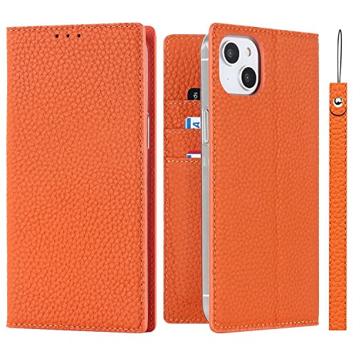 iCoverCase for iPhone 15 Plus Wallet Case, RFID Blocking Genuine Leather Magnetic Case with Wrist Strap and Card Slots Kickstand Feature Flip Cover Case 6.7 Inch (Orange)