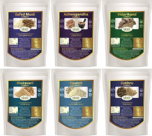 Biotic Safed Musli, Ashwagandha, Shatavari, Gokhru, Vidarikand & Kaunch Seed Powder - 300gms (50gms each)