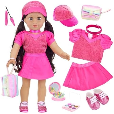 UNICORN ELEMENT American 18 Inch Doll Clothes and Accessories Makeup Sets, Doll Outfit Dress for 18 Inch Girl Dolls, Cosmetic Bag Including Eye Shadow, Mascara, Comb, Shoes, Hat (Doll No Included) Cover