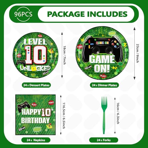 Image of Grencian 96Pcs Green Video Game 10th Birthday Party Supplies, Serves 24 | Video Game Paper Plates and Napkins Video Game Birthday Tableware Set for Kids Boys 10th Birthday Gamer Gaming Party Supplies