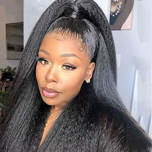 Kinky Straight Wig 4X4 Lace Front Wigs Human Hair Pre Plucked Bleached Knots Italian Yaki Wig For Women Wet And Wavy Unprocessed Virgin Hair Real Human Hair 9A Grade High Density Natural Black 14 Inh