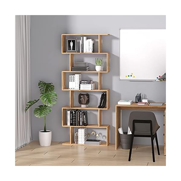 HOMCOM Wooden Wood S Shape Storage Display 6 Shelves Room Divider Unit Chest Bookshelf Bookcase Cupboard Cabinet Home Office Furniture (Oak) - Image 4