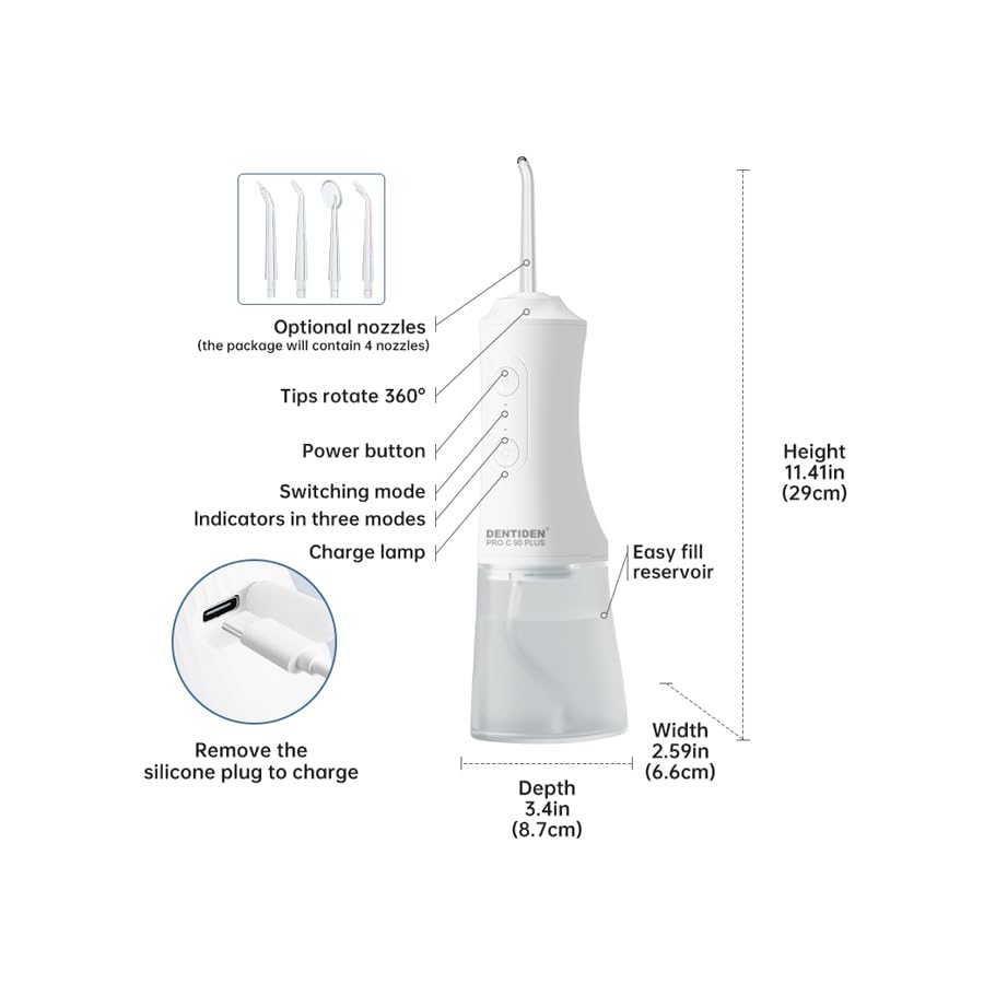 Image of Pro C90 Plus Cordless Water Flosser for Teeth Cleaning | 360 Rotating Nozzles | 3 Cleaning Modes | 4 Interchangeable Tips | Rechargeable Portable Oral Irrigator | White