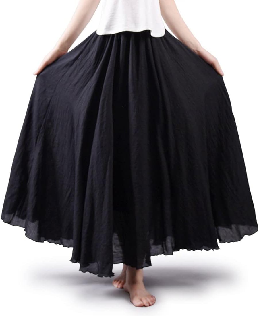 ASHER FASHION Women's Bohemian Style Elastic Waist Band Cotton Linen Long Maxi Skirt Dress