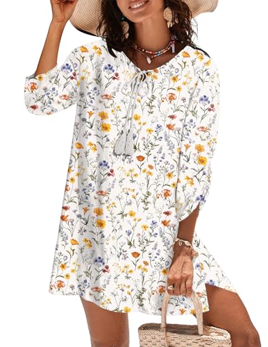 Image of Zeagoo Womens Boho Dresses Casual Beach Summer Dress Tassel Tie Neck 3 /4 Long Sleeve Mini Sundress 2026 Floral Print Cover Up