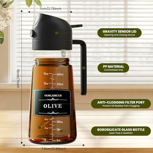 Image of Olive Oil Sprayer & Dispenser for Cooking, 16oz Dark Glass Oil Mister, 2PC | 2-in-1 Oil Sprayer & Pourer, Fine mist, Light-Blocking, Wide Mouth, Easy Refill & Clean, 8 Oil Labels, Reusable, with Scale