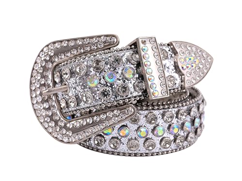 BAYINDA Fashion Rhinestone Belt for Women Men, Sparkle Diamond Studded Belts PU Leather Western Waist Strap for Jeans Dresses (Silver,Fit Waist Size 31