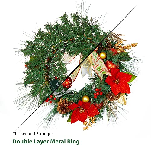 24" Prelit Christmas Wreath with Lights, Battery Operated Xmas Garland with Decorations, Wreath for Front Door Porch Wall Window Fireplace Outdoor Home Holiday Accent