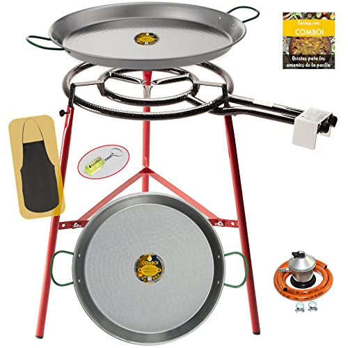COMBOI - Kit paella, Brûleur à Gaz Butane de 50 cm, Poêles à paella de 60 cm et 42 cm, Régulateur de Gaz, Tuyau, Trépied Renforcé, Tablier et Recettes.