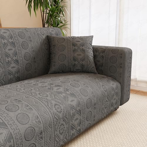 Image of Lukzer 2 Seater Pastel Dark Grey Tribal Pattern Sofa Cover | 240 GSM Universal Stretch Fit Jacquard Fabric Couch Protector | Fully Covered Anti Slip & Washable Sofa Cover (140-180cm /SC-137-02)