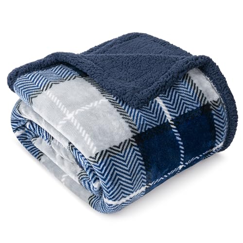 Pavilia P-B3003CKX-NV Blue Navy Plaid Sherpa Throw Blanket For Couch Twin, Plush Flannel Fleece Blanket And Throws cover
