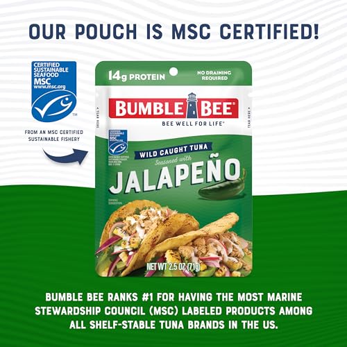 Image of Bumble Bee Jalapeno Seasoned Tuna Pouch - Wild Caught and Ready to Eat for Snack, Salad, Korean Tuna Bowl - 14g Protein per Serving - PERFECT, PORTABLE, GOODNESS - 2.5 oz Packet (Pack of 12)