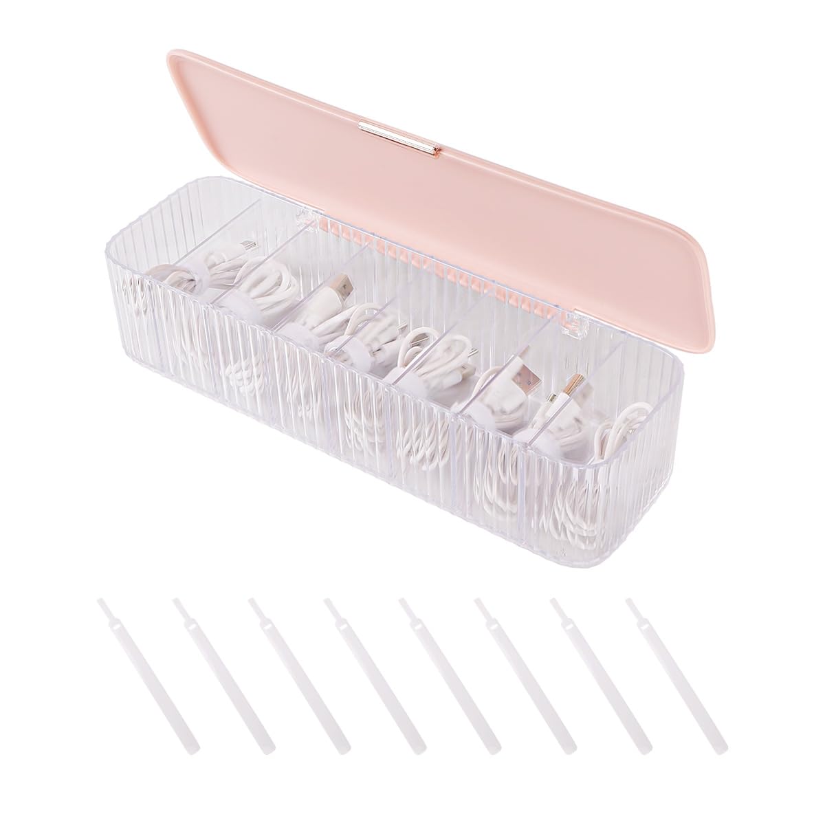 Plastic Cable Management Box with 8 Wire Ties,Clear Power Cord Organizer with 8 Compartments,Electronics Organizer for Office,Home Use,Desk Accessories Storage for Stationery Supplies (Pink)