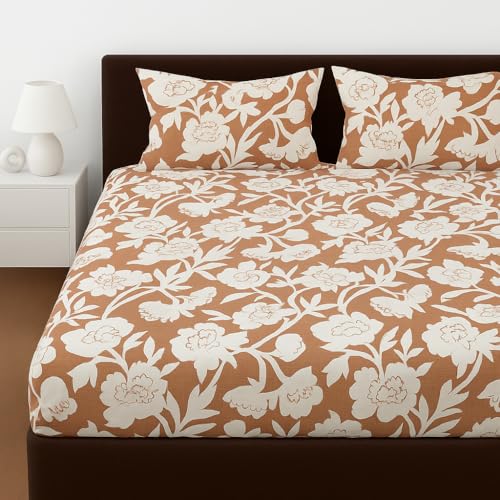 Image of Elastic Fitted Bedsheets with 2 King Size Pillow Covers | Double Bed with All Around Elastic, Size 72 x 78 x 8 Inches (Brown Floral)