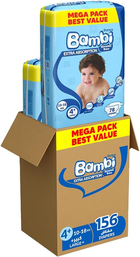 Sanita Bambi Baby Diapers, Size 4+, 10-18 kg, Skin-Friendly with Hypoallergenic Inner layer, Wetness Indicator, Leakage Protection & Comfort - Carton (78 x 2), 156 Count