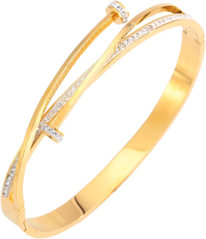 New Unique Double Crystal Nail Head Cross Stainless Steel Bangle Bracelet Popular Gifts for Girlfriend Mom Wedding Love Bracelet
