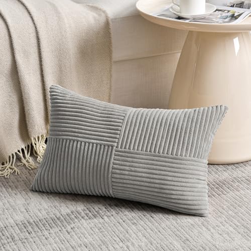 Image of Fancy Homi 2 Packs Grey Lumbar Decorative Throw Pillow Covers 16x26 Inch for Living Room Couch Bed, Rustic Farmhouse Boho Home Decor, Soft Striped Corduroy Rectangle Accent Cushion Case 65x40 cm