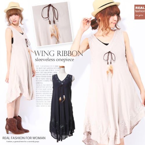 Amazon Co Jp 上質なレーヨン100 素材 フェザーリボン付き 刺繍入りノースリーブワンピース チュニック ベージュ 服 ファッション小物